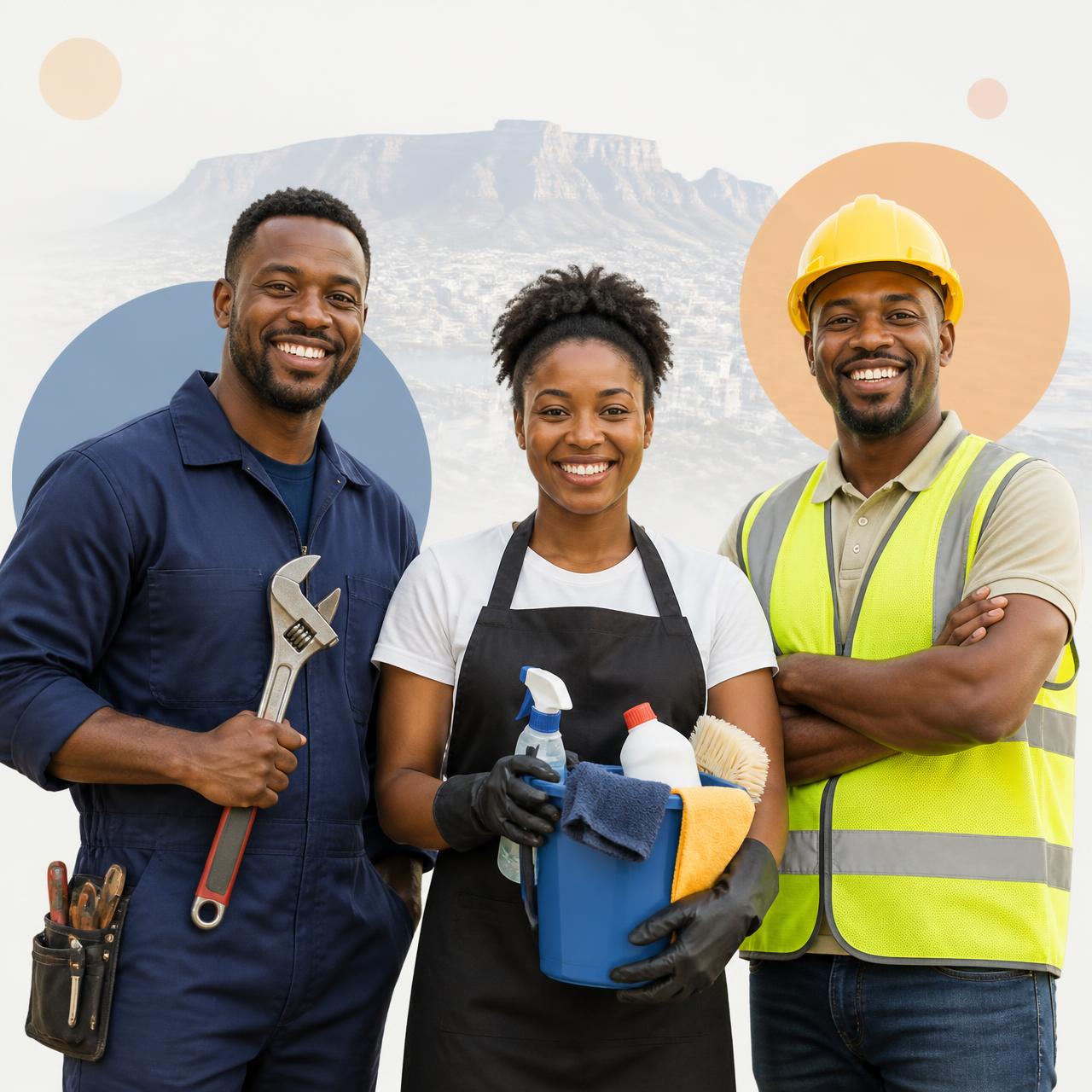 Three diverse South African service providers smiling β a plumber with a wrench, a cleaner with cleaning supplies, and a construction worker in a hi-vis vest and hard hat, with Table Mountain in the background